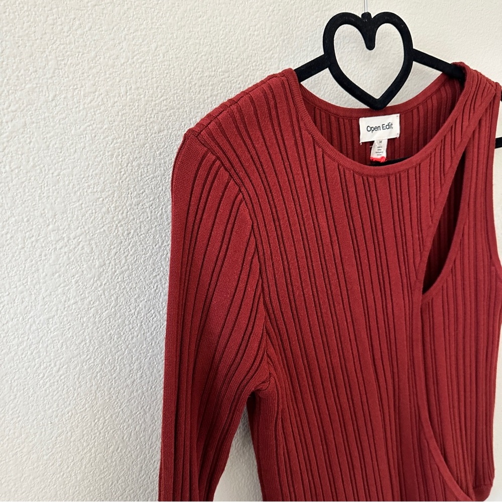 Open Edit Rust Orange Ribbed Cutout Knit Top NWT Size M - Picture 3 of 6